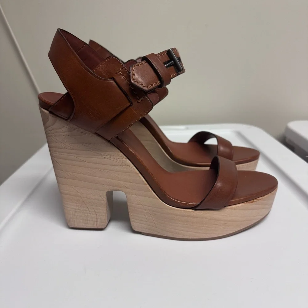 Reed Krakoff Brown Leather Buckle Wood Platform Heels Sandals Size 40.5